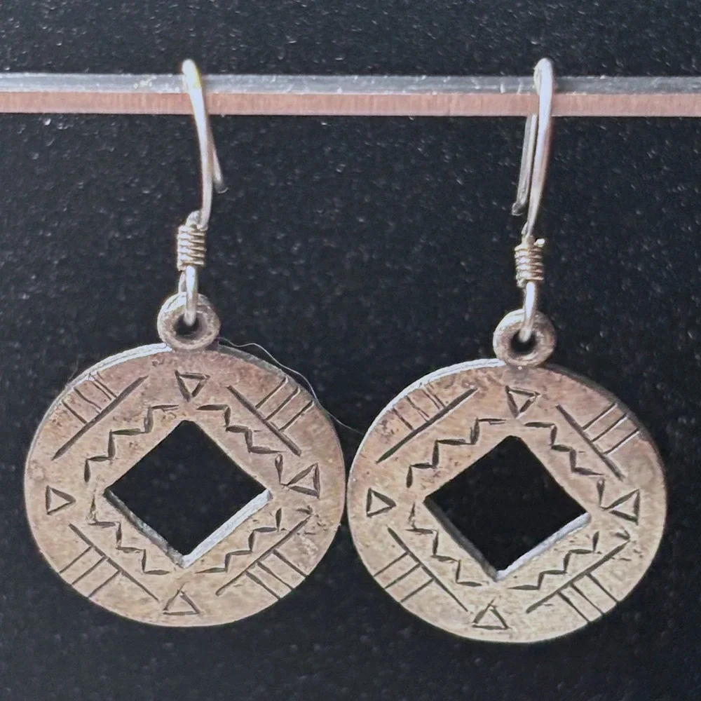 Vintage Silver Geometric Etched Tribal Disk Square Cutout Drop Earrings